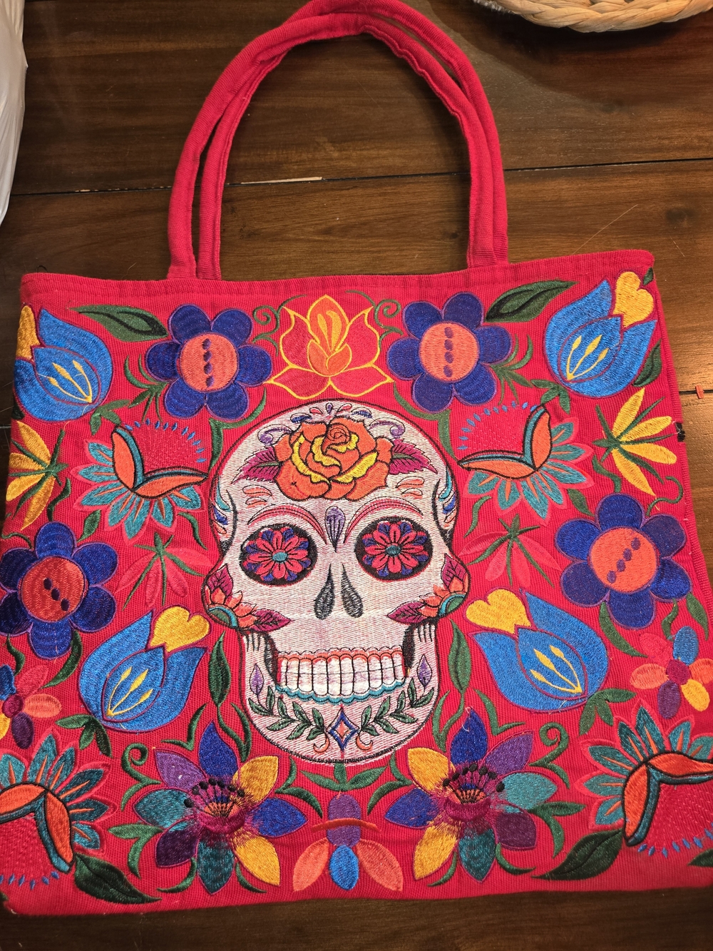 Embroidered Red Sugar Skull Tote Bag - Vibrant Floral Day of the Dead Design